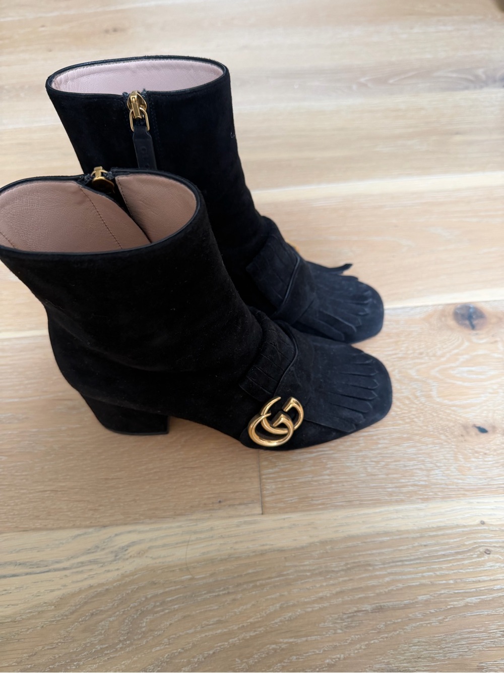 Gucci Black Suede Ankle Boots with Gold GG Detail